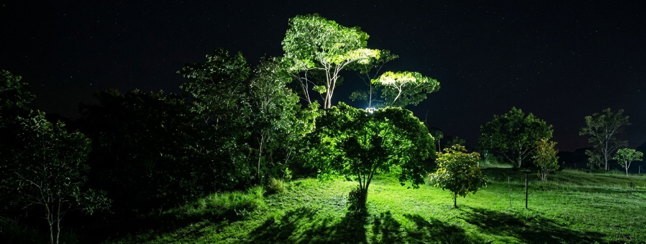 Magical nighttime garden with glowing trees, perfect for private psilocybin ceremony in Lian House Costa Rica