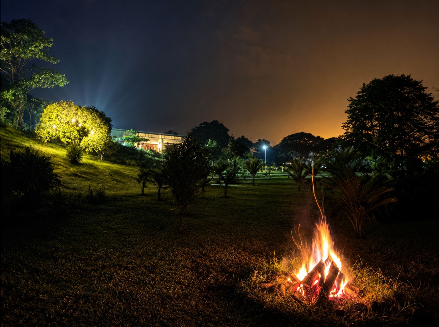 Bonfire at night in the private garden at Lian House